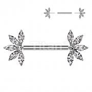 Implant Grade Titanium Threadless Push In Nipple Barbell With 5 Marquise CZ Forward Facing Fan Ends