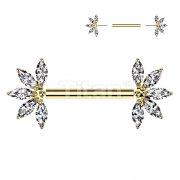 Implant Grade Titanium Threadless Push In Nipple Barbell With 5 Marquise CZ Forward Facing Fan Ends