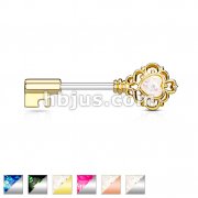 Opal Glitter Heart Centered Filigree Vintage Key 316L Surgical Steel Nipple Barbell Rings