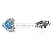 Opal Glitter Heart CZ Paved Outline Arrow with Feather End 316L Surgical Steel Nipple Barbell Rings