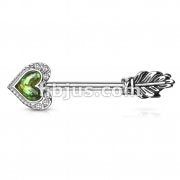 Opal Glitter Heart CZ Paved Outline Arrow with Feather End 316L Surgical Steel Nipple Barbell Rings