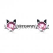 Cat with Pink Stone Set Ends 316L Surgical Steel Nipple Barbell Rings