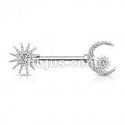 CZ Center Sun and CZ Paved Crescent Moon and Star 316L Surgical Steel Barbell Nipple Rings