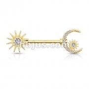 CZ Center Sun and CZ Paved Crescent Moon and Star 316L Surgical Steel Barbell Nipple Rings
