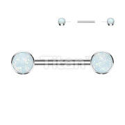 Implant Grade Titanium Threadless Push in Nipple Barbell With Forward Facing Bezel Set Opal Flat Ends