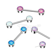 Implant Grade Titanium Threadless Push in Nipple Barbell With Forward Facing Bezel Set Opal Flat Ends
