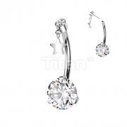 Implant Grade Titanium Threadless Push In Prong Set Bottom With Round Bezel Set CZ and Star Dangle Top Belly Button Ring