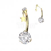 Implant Grade Titanium Threadless Push In Prong Set Bottom With Round Bezel Set CZ and Star Dangle Top Belly Button Ring
