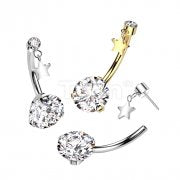 Implant Grade Titanium Threadless Push In Prong Set Bottom With Round Bezel Set CZ and Star Dangle Top Belly Button Ring