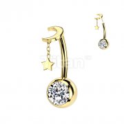 Implant Grade Titanium Threadless Push In CZ Bezel Set Belly Button Ring With Crescent Moon And Star Dangle Top