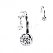 Implant Grade Titanium Threadless Push In CZ Bezel Set Belly Button Ring With Crescent Moon And Star Dangle Top