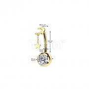 Implant Grade Titanium Threadless Push In CZ Bezel Set Belly Button Ring With Crescent Moon And Star Dangle Top