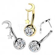 Implant Grade Titanium Threadless Push In CZ Bezel Set Belly Button Ring With Crescent Moon And Star Dangle Top