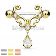 CZ Set Heart Filigree with Tear Drop CZ Dangle 316L Surgical Steel Nipple Rings