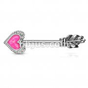 Opal Glitter Heart CZ Paved Outline Arrow with Feather End 316L Surgical Steel Nipple Barbell Rings