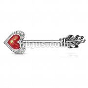Opal Glitter Heart CZ Paved Outline Arrow with Feather End 316L Surgical Steel Nipple Barbell Rings