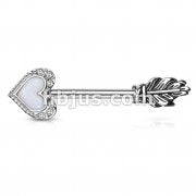 Opal Glitter Heart CZ Paved Outline Arrow with Feather End 316L Surgical Steel Nipple Barbell Rings