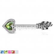 Opal Glitter Heart CZ Paved Outline Arrow with Feather End 316L Surgical Steel Nipple Barbell Rings