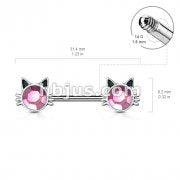 Cat with Pink Stone Set Ends 316L Surgical Steel Nipple Barbell Rings