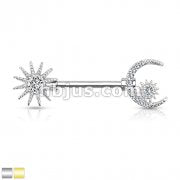 CZ Center Sun and CZ Paved Crescent Moon and Star 316L Surgical Steel Barbell Nipple Rings