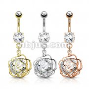 Dozen Pack Large CZ Incased Camellia Flower Dangle 316L Surgical Steel Belly Button Navel Rings