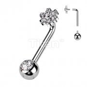 Implant Grade Titanium Internally Threaded L Bent Christina Piercing With CZ Flower Top and Pressed Fit Gem End