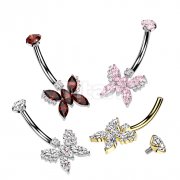 Implant Grade Titanium Internally Threaded 5 Marquise CZ Butterfly With Round CZ Prong Set Top Belly Button Ring