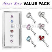 6 Pcs of Tear Drop CZ and CZ Set Heart Top 316L Surgical Steel 20 Gauge Nose Stud Rings Gem Box