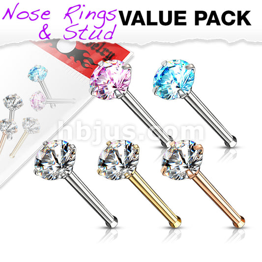 Value Pack of Assorted 316L Surgical Steel Nose Bone Stud Rings with Prong Set CZ